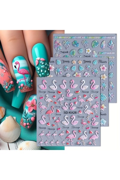Choice Red Summer floral beach animal relief nail stickers, used for DIY nail...