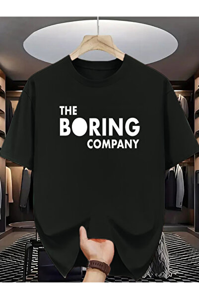 NOURAM تي شيرت THE BORING COMPANY بتصميم بسيط، أسود وأبيض، بأكمام قصيرة وياقة...