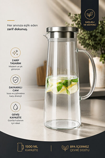 FBZhome Borosilikat Termisil Cam Sürahi 1500 Ml Çelik Sızdırmaz Kapak 1.5 Litre