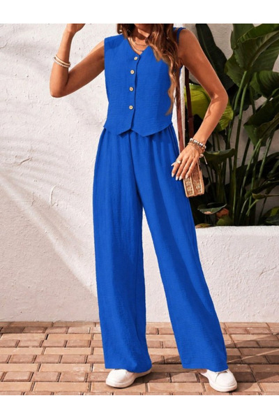 Kokosh moda Women's V-Neck Button Detailed Sleeveless Vest and Wide Leg Pants...