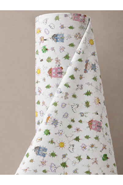 Bebek Özel 1 Roll (30 Meters) 100% Cotton Poplin Fabric with Sweet Drawing Pa...