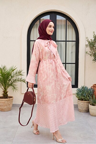 Modamorfo Patterned Lined Chiffon Dress with Tie at the Neck and Waist -Salmon