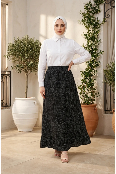 sefamerve Elastic Waist Polka Dot Patterned Skirt 0309-08 Black