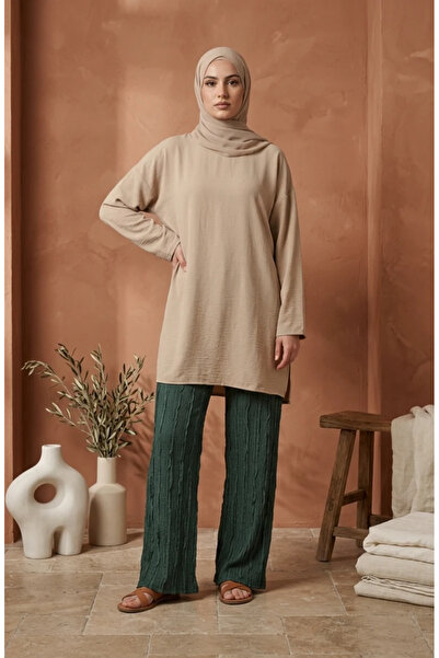 sefamerve Elastic Waist Textured Knitted Trousers 0740-03 Khaki