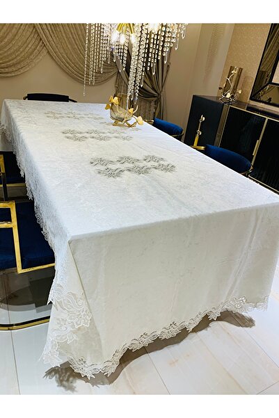 HAUSSET Home Ekru Fransız Dantelli Kadife 160/260 cm Masa Örtüsü