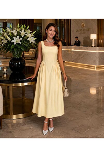 Budan Export Women's Square Neck Thick Strap Pleated Waist Detailed Flared Sk...