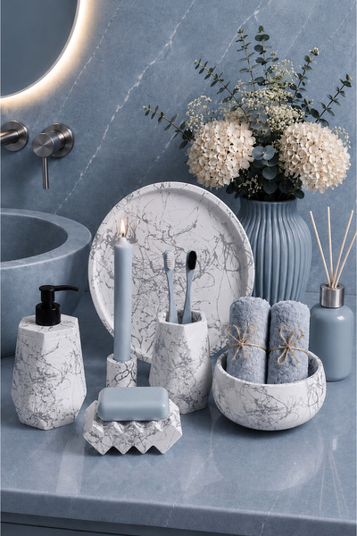 betonmall Marble Patterned Concrete 6 Piece Bathroom Set Liquid Soap Dispense...