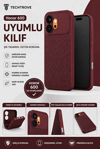 TechTrove Honor 600 Uyumlu Kılıf Deri Tasarımlı Kamera Korumalı Darbe Emici K...