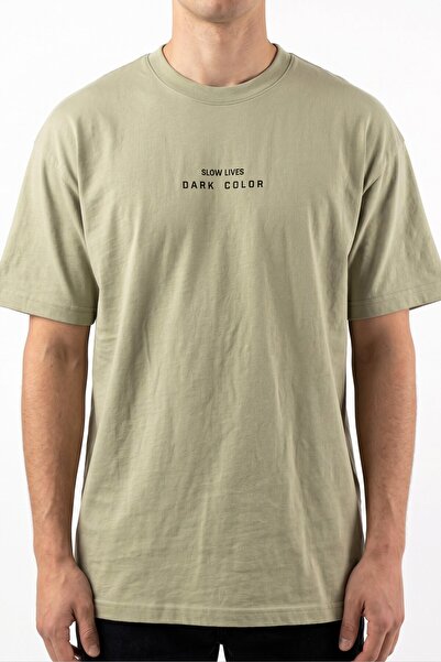 hadiora Men's Soft Khaki Relaxed B-Neck Cotton T-Shirt with Front and Back Print