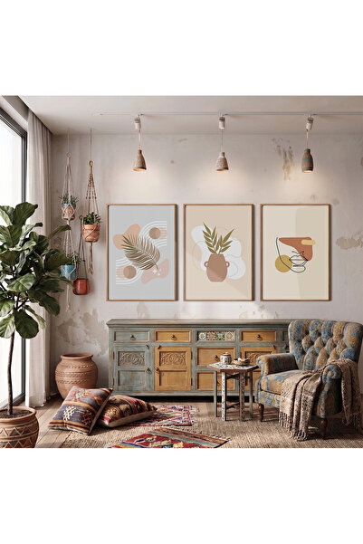 KOLAJTASARIM Set de 3 tablouri cu rame din lemn cu forme abstracte naturale, ...