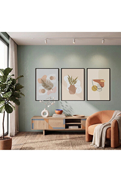 KOLAJTASARIM Set de 3 tablouri cu rame negre cu forme abstracte naturale, pic...