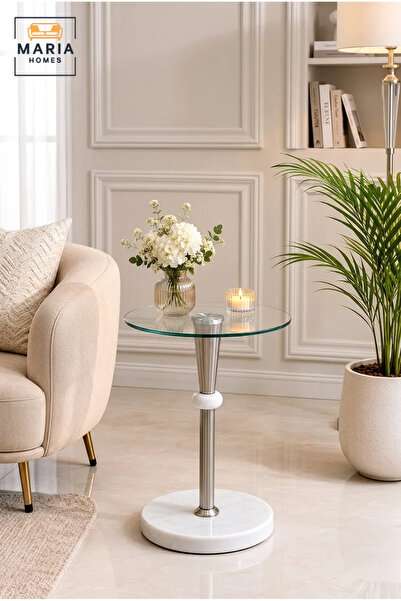 MARIA HOMES Modern Round Glass Side Table with Marble Base and Stainless Stee...