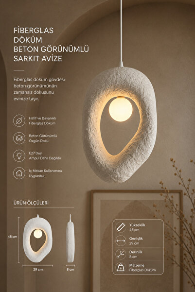 Lunalore Fiber Gövde Beton Dokulu Iskandinav Modern Tekli Sarkit Avize 29x45 CM