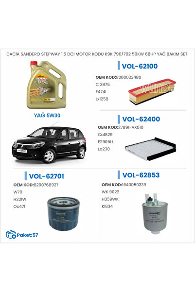 Dacia SANDERO STEPWAY 1.5 DCİ MOTOR KODU K9K 790/792 50KW 68HP YAĞ BAKIM SETİ
