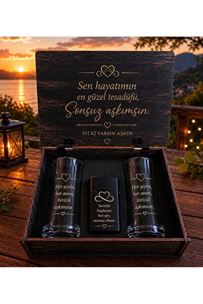 FH STLY Sevgiliye Özel Romantik Hediye Seti – 2 Rakı Bardağı ve Siyah Çakmak