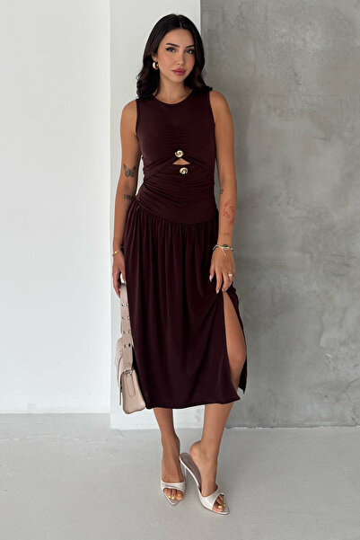 Noa&Noa Women's Draped Metal Accessory Detailed Slit Midi Dress Stylish Event...