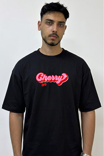 Anetos Cherry_1 Design Printed Oversize Black T-Shirt