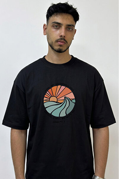 Anetos Wave Verse Design Printed Oversize Black T-Shirt