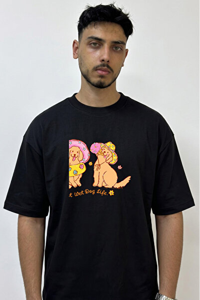 Anetos Golden Retriever Summer Design Printed Oversize Black T-Shirt