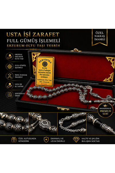 Efe Özel Nakkaş İmameli Usta İşi Full Gümüş İşlemeli Erzurum Oltu Taşı Tesbih