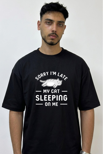 Anetos Cat Sleeping Design Printed Oversize Black T-Shirt