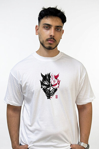 Anetos Oni Mask Design Printed Oversize White T-Shirt