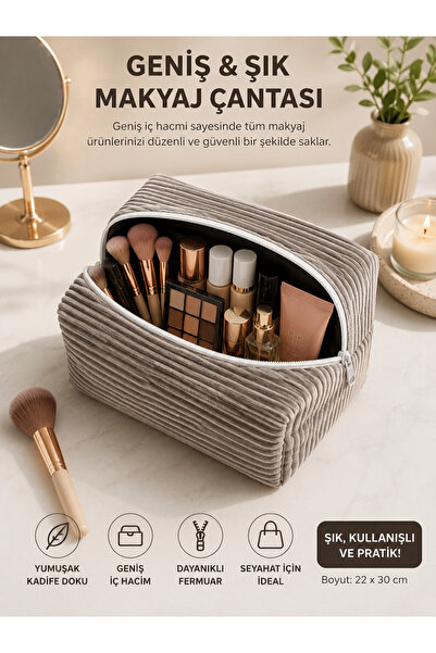 Moonra Home Peluş ve Şık Fermuarlı Çok Amaçlı Makyaj Çantası ve Organizer - 3...