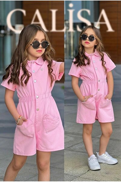 CALİSA Premium Gabardin Kız Çocuk Tulum Şort Elbise – Heart Pocket Luxury Pin...
