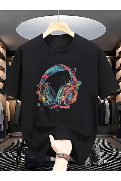 NOURAM Round-Neck Short-Sleeve T-Shirt Featuring an Music Style with Colorful...