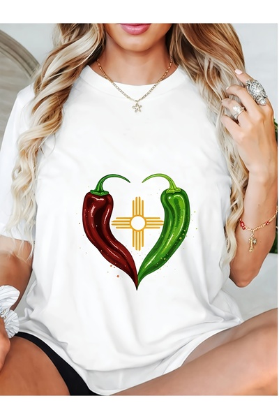 17TAKI [Pepper T-shirt] 1pc Red Green Pepper Pattern Round-neck White T-shirt...