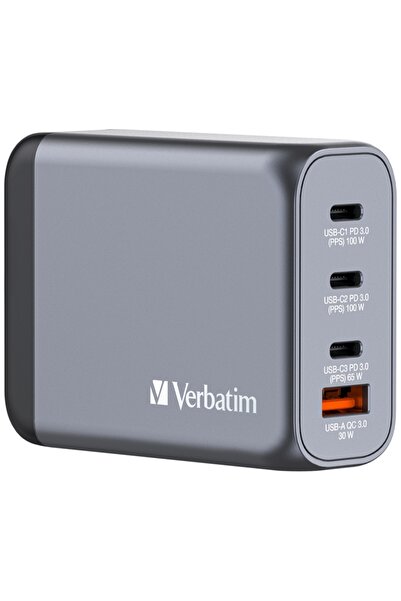 Verbatim GNC-100 100W GaN Φορτιστής τοίχου, 3x USB-C, 1x USB-A, Γκρι