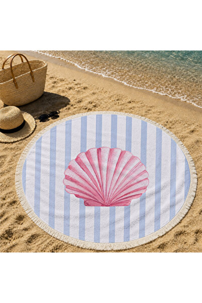 Evmila Prosop de plajă rotund, 150 cm, cu model de scoici de mare, cu dungi, ...