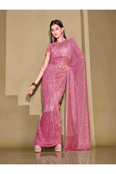 PRASHA Ready To Wear Pink Lycra Foil Saree with Unstitched Blouse