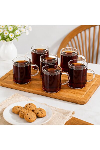 s elsa home Glassy 6lı Borosilikat Isıya Ateşe Dayanıklı Cam Kulplu Çay Barda...