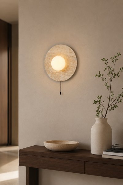 Baz Aydınlatma Tor Nun B Travertine Marble Opal Glass Globe Wall Sconce G9 Bulb Included Modern Lamp with Chain Switch
