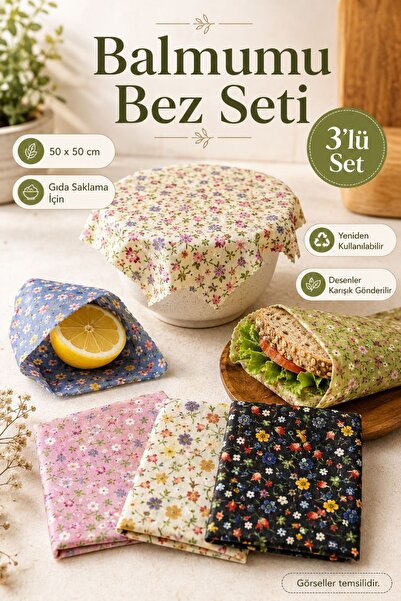 Amore De Fiori Büyük Boy 3’lü Balmumu Bez Seti 50x50 cm Gıda Saklama Örtüsü