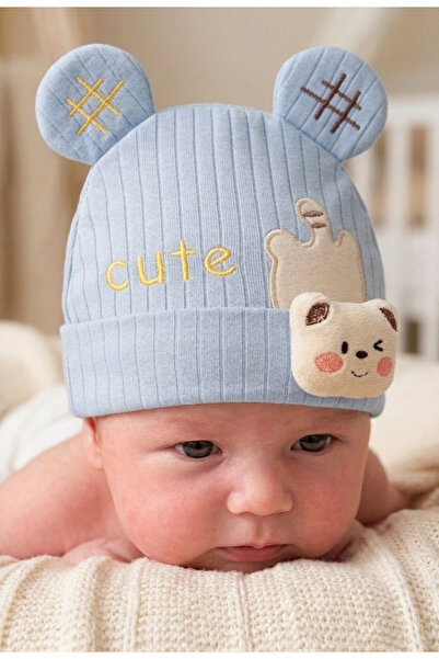 BAMBIK Kayra Baby Erkek Bebek Cute Ayıcık Figürlü Penye Şapka 0-9 Ay