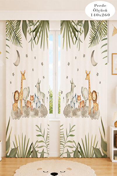 Decora Kids Baby Safari Hayvanları Desenli 2 Kanat Çocuk Odası Fon Perde , Ba...