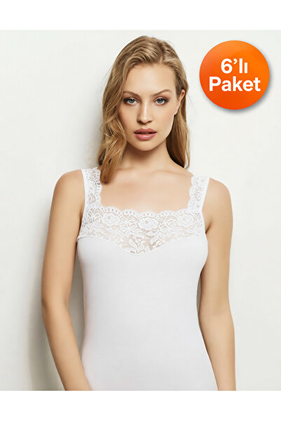 Cansu İç Giyim Women's Cotton Laced Lace Detailed Square Neck Tank Top 6-Piec...
