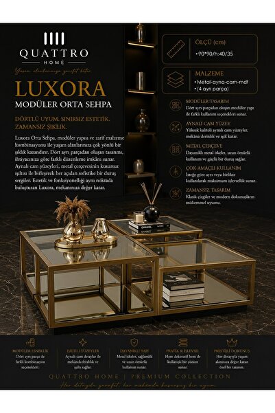 QUATTRO HOME Luxora 4 Parça Modüler Orta Sehpa Gold Metal Çerçeveli Aynalı Ca...