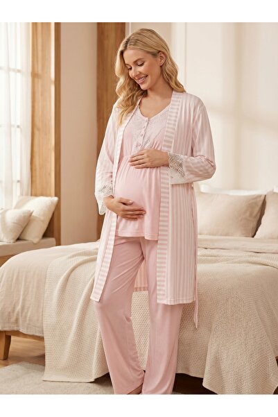 HAFSARA Çizgili Dantel Detaylı Sabahlıklı Lohusa Pijama Takımı