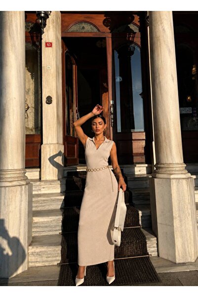 Paraf style Kadın Triko Polo Yaka Kolsuz Midi Elbise Zincir Kemerli