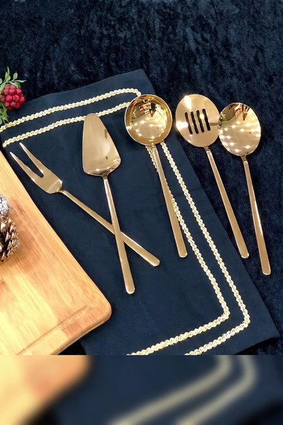 Elta Collection Lüks Paslanmaz Çelik Servis Seti Gold ve Çiçek Desenli Sunum ...