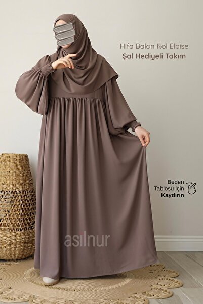 ASİLNUR Hifa Balloon Sleeve Dress Shawl Gift Set Mink