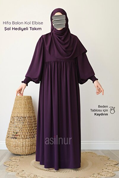 ASİLNUR Hifa Balloon Sleeve Dress Shawl Gift Set Plum