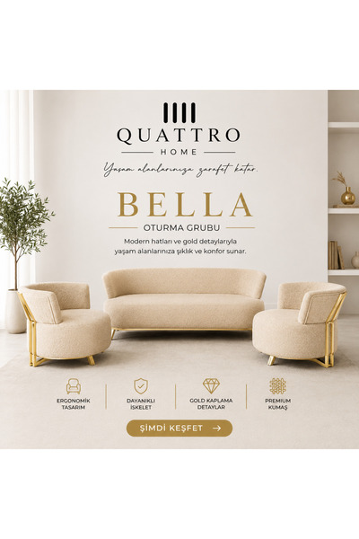 QUATTRO HOME Bella Oturma Grubu Krem Gold Detaylı Premium Kumaş 2+1+1