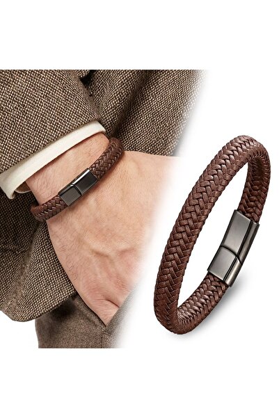 OGHAMAY Brown Leather Braided Steel Bracelet 18393B4D5