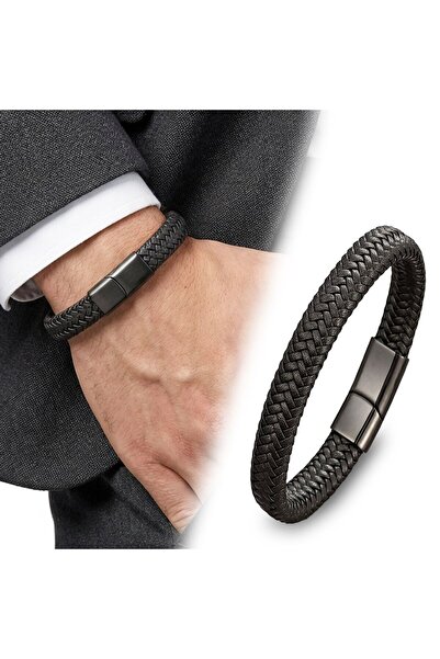 OGHAMAY Black Leather Mesh Steel Bracelet 18393B4D4