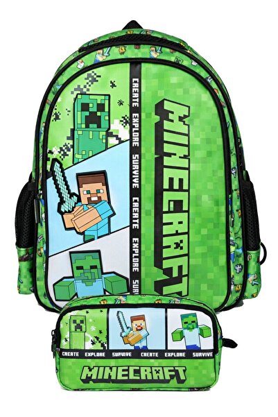 MINECRAFT Double School Bag and Pencil Case Set Green (Minecraft Printed) Boy...