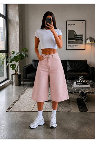 eyonnwear Yüksek Bel Pembe Denim Jorts Bermuda Şort